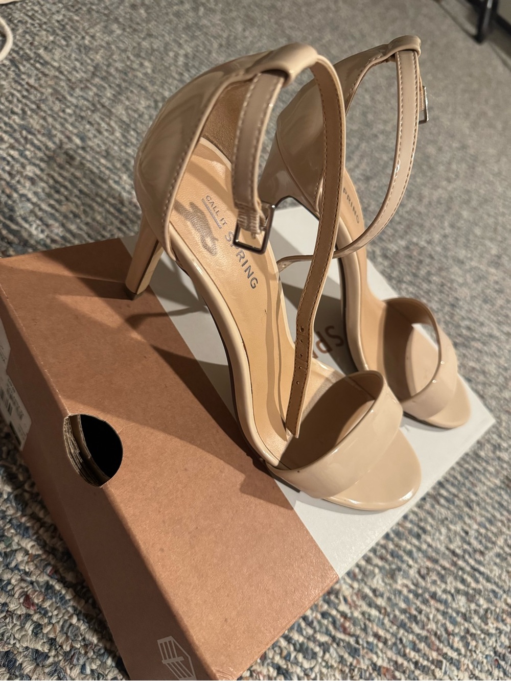 Call It Spring Beige Patent Ankle-Strap Heels